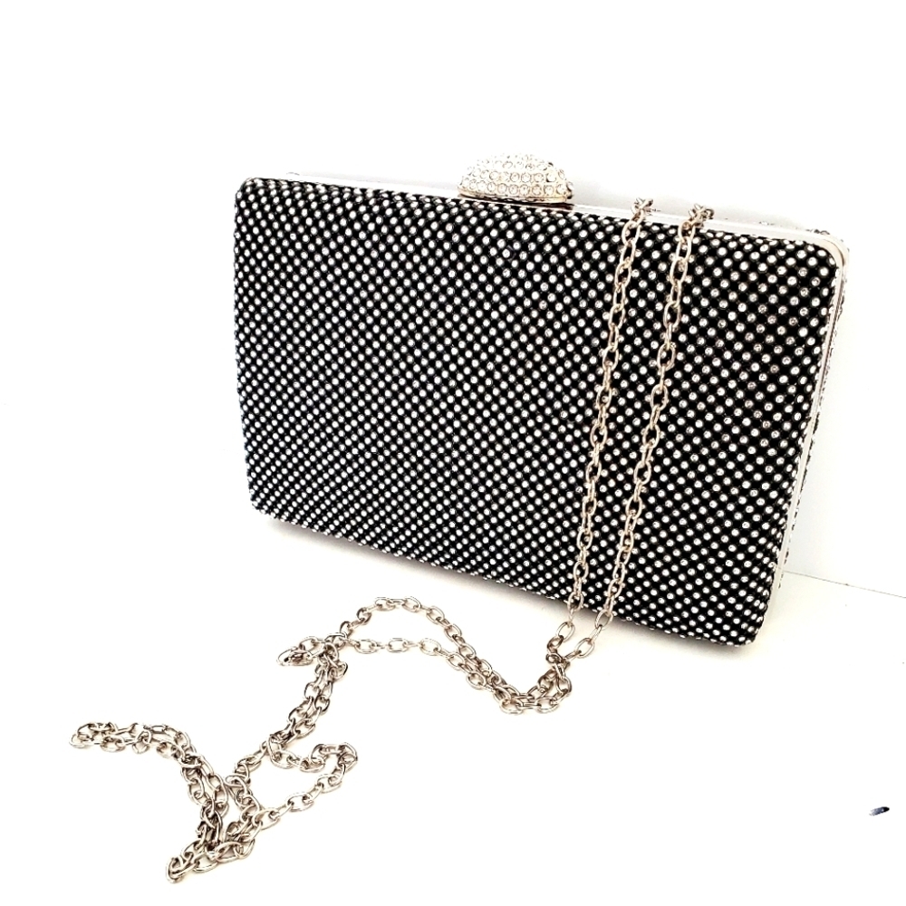 Black Envelope Evening Rhinestones Embellished Clutch Silver Metal Women’s Purse